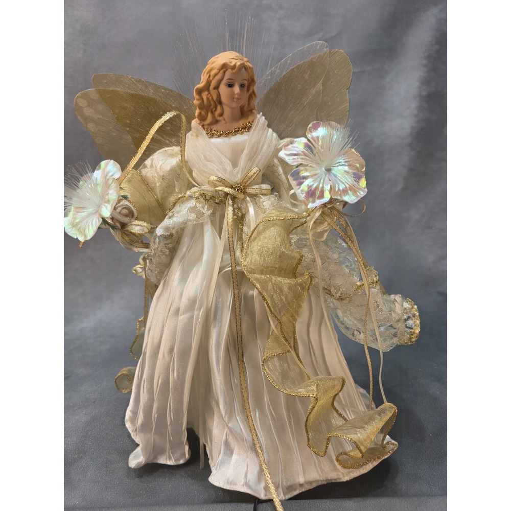 Vintage Fiber Optic Angel Christmas Tree Topper Gold Cream Porcelain 12 Inch